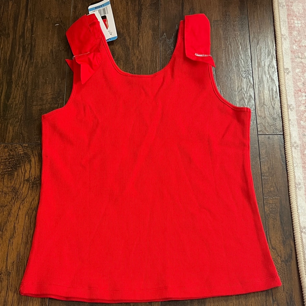 French Connection Red Ribbed Tank Top with Shoulder Ruffle Detail - Picture 4 of 4